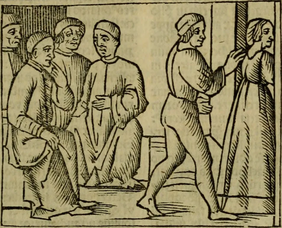 An illustration from Decretu[m] Gratiani : cu glossis dñi Joannis Theutonici prepositi Alberstatensis [et] annotationibus Bartholomei Brixiensis : [cum] diuisionibus Archidiaconi : [cum] Casibus a Bene., cõpositis per Bart. Brixi., correctis [et] pro clariore itellectu pluribus in locis extensis : [cum] concordia ad Bibliam : [cum] tabula marginalium glossularu[m] : [cum tabula] omniu canonu [et] concilio[rum] : [cum] Margarita Decreti : [cum] flosculis totius Decretia domio Joanne diacono compositis : [cum] additione in margine litteraru[m], quo minusculi characteres lineis intercepti, citius legenti appareant, 1514, leaf 210