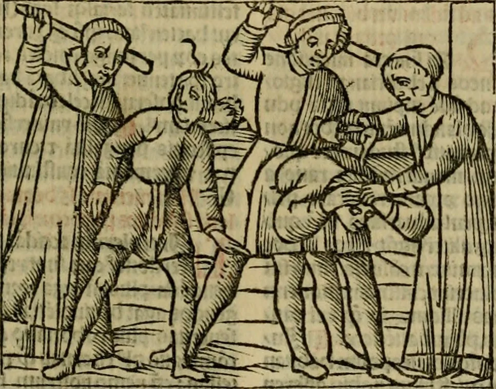 An illustration from Decretu[m] Gratiani : cu glossis dñi Joannis Theutonici prepositi Alberstatensis [et] annotationibus Bartholomei Brixiensis : [cum] diuisionibus Archidiaconi : [cum] Casibus a Bene., cõpositis per Bart. Brixi., correctis [et] pro clariore itellectu pluribus in locis extensis : [cum] concordia ad Bibliam : [cum] tabula marginalium glossularu[m] : [cum tabula] omniu canonu [et] concilio[rum] : [cum] Margarita Decreti : [cum] flosculis totius Decretia domio Joanne diacono compositis : [cum] additione in margine litteraru[m], quo minusculi characteres lineis intercepti, citius legenti appareant, 1514, leaf 216
