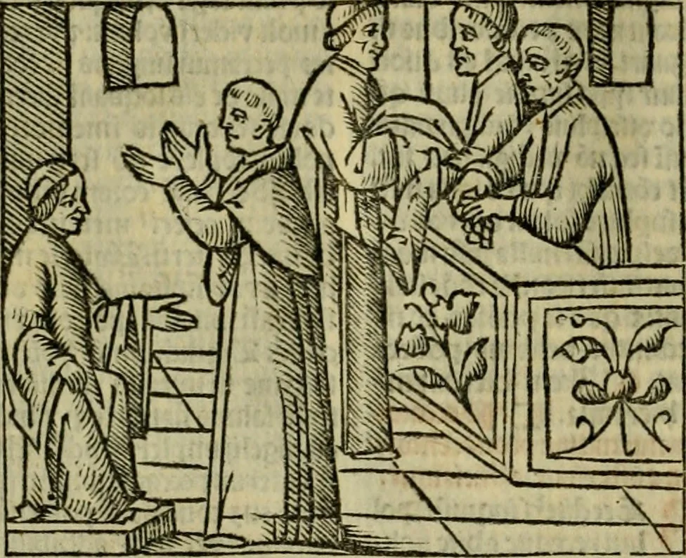 An illustration from Decretu[m] Gratiani : cu glossis dñi Joannis Theutonici prepositi Alberstatensis [et] annotationibus Bartholomei Brixiensis : [cum] diuisionibus Archidiaconi : [cum] Casibus a Bene., cõpositis per Bart. Brixi., correctis [et] pro clariore itellectu pluribus in locis extensis : [cum] concordia ad Bibliam : [cum] tabula marginalium glossularu[m] : [cum tabula] omniu canonu [et] concilio[rum] : [cum] Margarita Decreti : [cum] flosculis totius Decretia domio Joanne diacono compositis : [cum] additione in margine litteraru[m], quo minusculi characteres lineis intercepti, citius legenti appareant, 1514, leaf 223