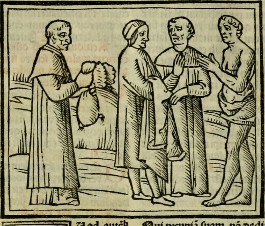 An illustration from Decretu[m] Gratiani : cu glossis dñi Joannis Theutonici prepositi Alberstatensis [et] annotationibus Bartholomei Brixiensis : [cum] diuisionibus Archidiaconi : [cum] Casibus a Bene., cõpositis per Bart. Brixi., correctis [et] pro clariore itellectu pluribus in locis extensis : [cum] concordia ad Bibliam : [cum] tabula marginalium glossularu[m] : [cum tabula] omniu canonu [et] concilio[rum] : [cum] Margarita Decreti : [cum] flosculis totius Decretia domio Joanne diacono compositis : [cum] additione in margine litteraru[m], quo minusculi characteres lineis intercepti, citius legenti appareant, 1514, leaf 225