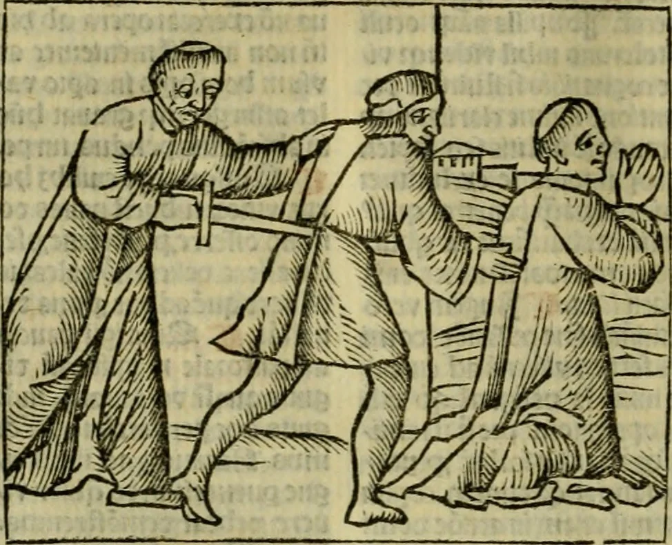 An illustration from Decretu[m] Gratiani : cu glossis dñi Joannis Theutonici prepositi Alberstatensis [et] annotationibus Bartholomei Brixiensis : [cum] diuisionibus Archidiaconi : [cum] Casibus a Bene., cõpositis per Bart. Brixi., correctis [et] pro clariore itellectu pluribus in locis extensis : [cum] concordia ad Bibliam : [cum] tabula marginalium glossularu[m] : [cum tabula] omniu canonu [et] concilio[rum] : [cum] Margarita Decreti : [cum] flosculis totius Decretia domio Joanne diacono compositis : [cum] additione in margine litteraru[m], quo minusculi characteres lineis intercepti, citius legenti appareant, 1514, leaf 233
