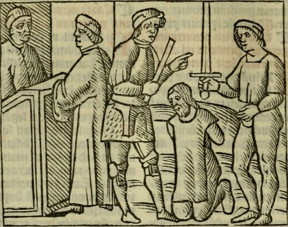 An illustration from Decretu[m] Gratiani : cu glossis dñi Joannis Theutonici prepositi Alberstatensis [et] annotationibus Bartholomei Brixiensis : [cum] diuisionibus Archidiaconi : [cum] Casibus a Bene., cõpositis per Bart. Brixi., correctis [et] pro clariore itellectu pluribus in locis extensis : [cum] concordia ad Bibliam : [cum] tabula marginalium glossularu[m] : [cum tabula] omniu canonu [et] concilio[rum] : [cum] Margarita Decreti : [cum] flosculis totius Decretia domio Joanne diacono compositis : [cum] additione in margine litteraru[m], quo minusculi characteres lineis intercepti, citius legenti appareant, 1514, leaf 255