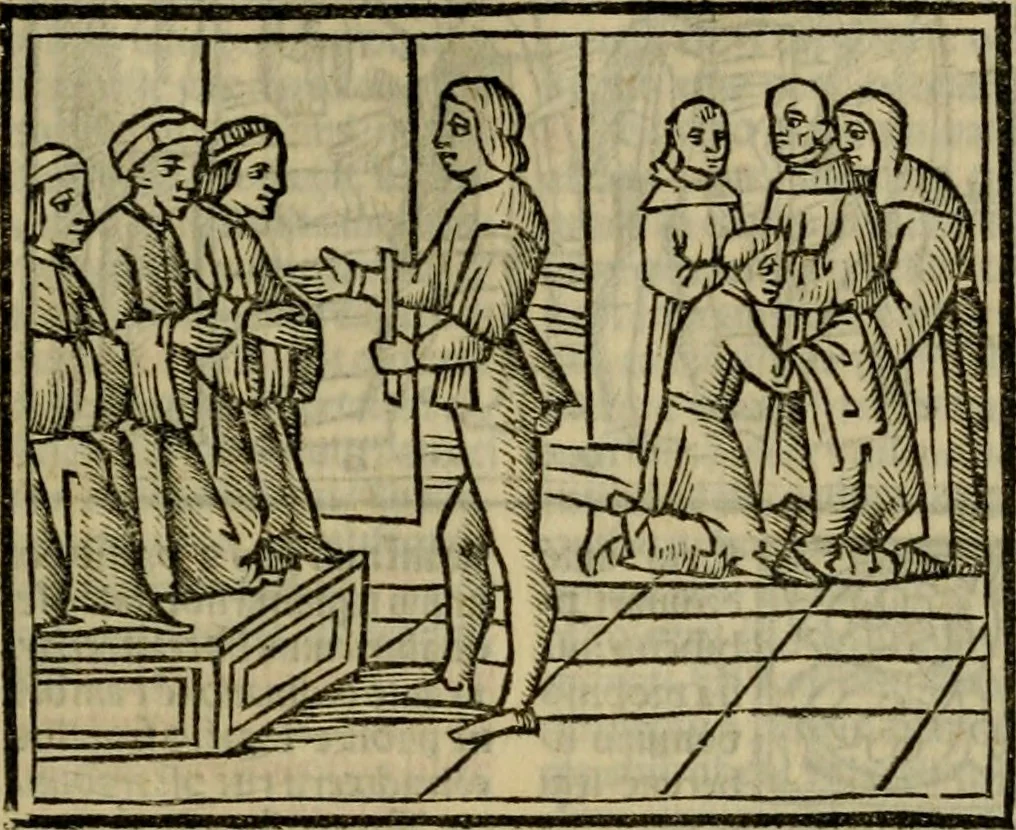 An illustration from Decretu[m] Gratiani : cu glossis dñi Joannis Theutonici prepositi Alberstatensis [et] annotationibus Bartholomei Brixiensis : [cum] diuisionibus Archidiaconi : [cum] Casibus a Bene., cõpositis per Bart. Brixi., correctis [et] pro clariore itellectu pluribus in locis extensis : [cum] concordia ad Bibliam : [cum] tabula marginalium glossularu[m] : [cum tabula] omniu canonu [et] concilio[rum] : [cum] Margarita Decreti : [cum] flosculis totius Decretia domio Joanne diacono compositis : [cum] additione in margine litteraru[m], quo minusculi characteres lineis intercepti, citius legenti appareant, 1514, leaf 258