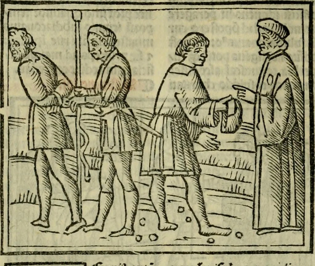 An illustration from Decretu[m] Gratiani : cu glossis dñi Joannis Theutonici prepositi Alberstatensis [et] annotationibus Bartholomei Brixiensis : [cum] diuisionibus Archidiaconi : [cum] Casibus a Bene., cõpositis per Bart. Brixi., correctis [et] pro clariore itellectu pluribus in locis extensis : [cum] concordia ad Bibliam : [cum] tabula marginalium glossularu[m] : [cum tabula] omniu canonu [et] concilio[rum] : [cum] Margarita Decreti : [cum] flosculis totius Decretia domio Joanne diacono compositis : [cum] additione in margine litteraru[m], quo minusculi characteres lineis intercepti, citius legenti appareant, 1514, leaf 259