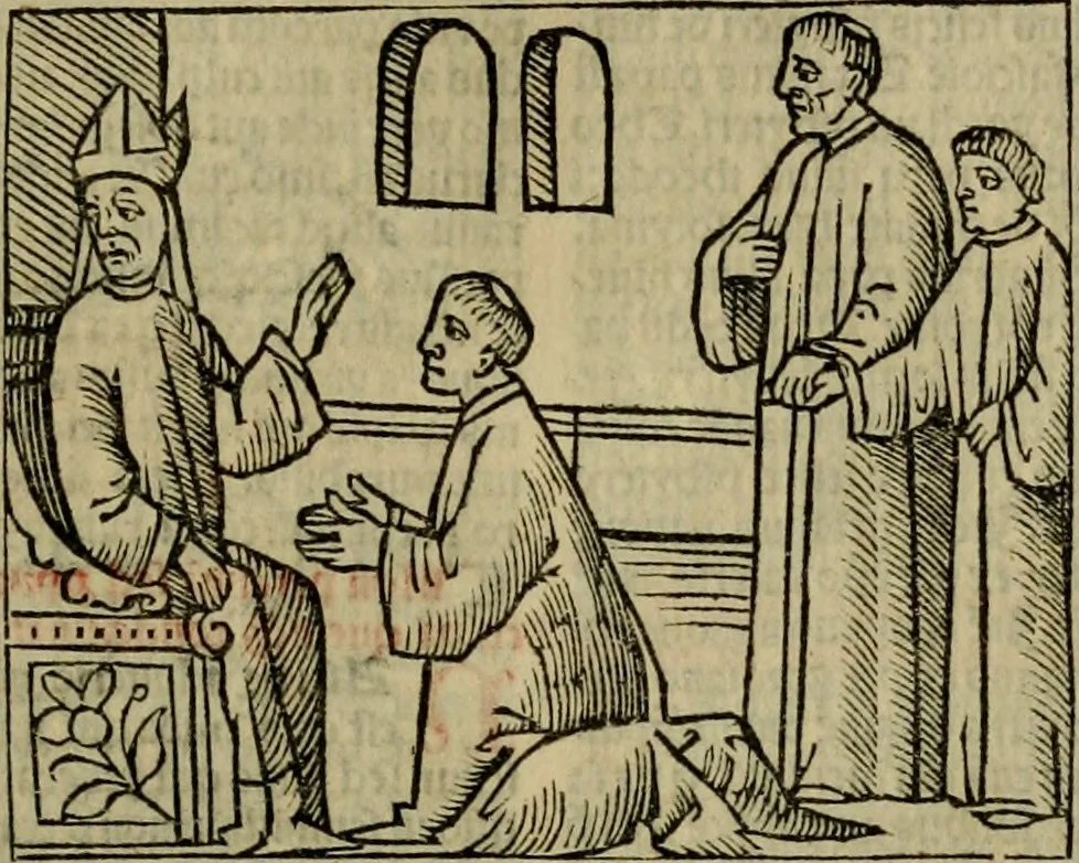 An illustration from Decretu[m] Gratiani : cu glossis dñi Joannis Theutonici prepositi Alberstatensis [et] annotationibus Bartholomei Brixiensis : [cum] diuisionibus Archidiaconi : [cum] Casibus a Bene., cõpositis per Bart. Brixi., correctis [et] pro clariore itellectu pluribus in locis extensis : [cum] concordia ad Bibliam : [cum] tabula marginalium glossularu[m] : [cum tabula] omniu canonu [et] concilio[rum] : [cum] Margarita Decreti : [cum] flosculis totius Decretia domio Joanne diacono compositis : [cum] additione in margine litteraru[m], quo minusculi characteres lineis intercepti, citius legenti appareant, 1514, leaf 270