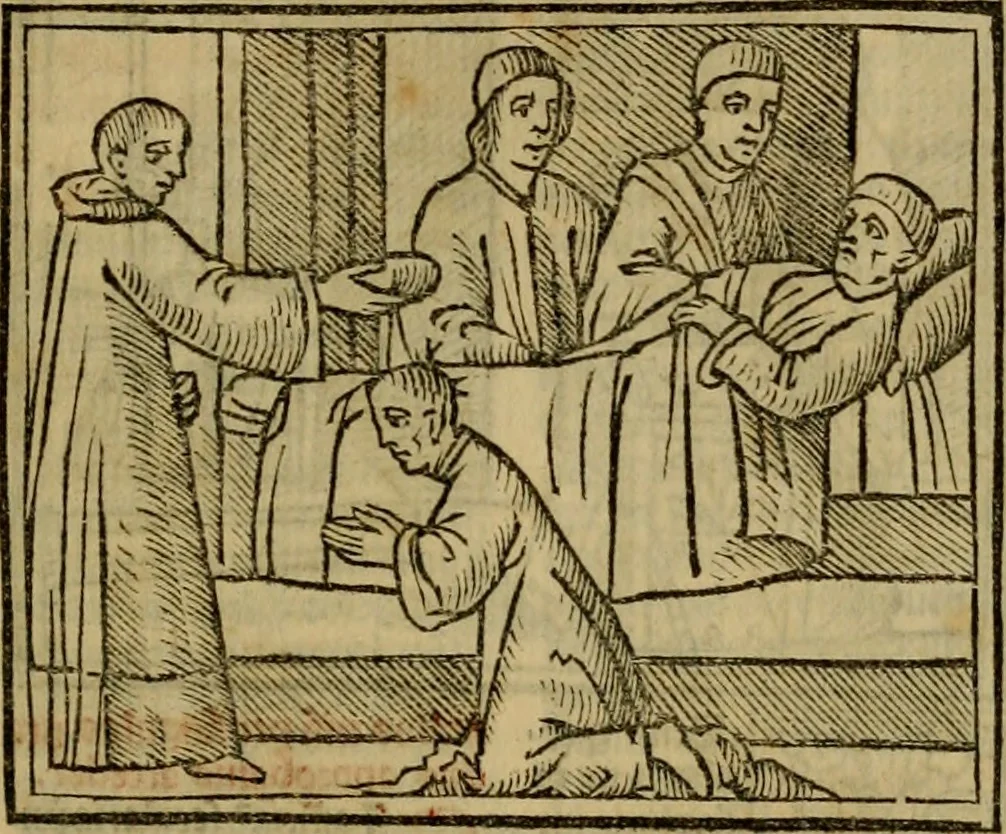 An illustration from Decretu[m] Gratiani : cu glossis dñi Joannis Theutonici prepositi Alberstatensis [et] annotationibus Bartholomei Brixiensis : [cum] diuisionibus Archidiaconi : [cum] Casibus a Bene., cõpositis per Bart. Brixi., correctis [et] pro clariore itellectu pluribus in locis extensis : [cum] concordia ad Bibliam : [cum] tabula marginalium glossularu[m] : [cum tabula] omniu canonu [et] concilio[rum] : [cum] Margarita Decreti : [cum] flosculis totius Decretia domio Joanne diacono compositis : [cum] additione in margine litteraru[m], quo minusculi characteres lineis intercepti, citius legenti appareant, 1514, leaf 274