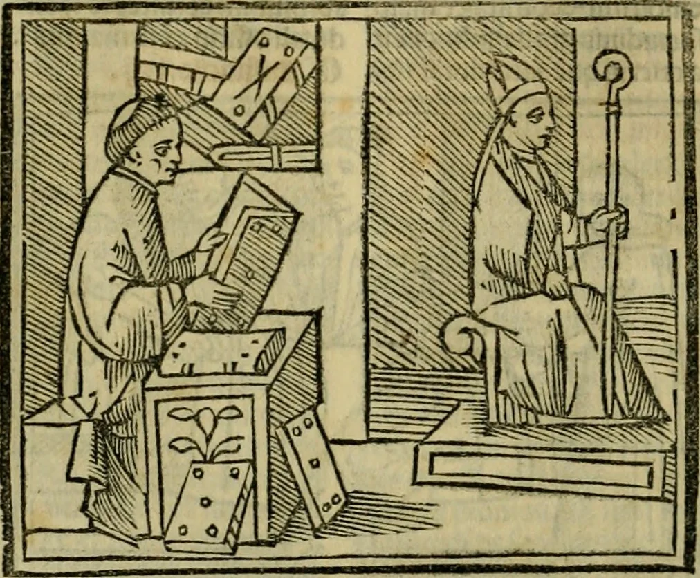 An illustration from Decretu[m] Gratiani : cu glossis dñi Joannis Theutonici prepositi Alberstatensis [et] annotationibus Bartholomei Brixiensis : [cum] diuisionibus Archidiaconi : [cum] Casibus a Bene., cõpositis per Bart. Brixi., correctis [et] pro clariore itellectu pluribus in locis extensis : [cum] concordia ad Bibliam : [cum] tabula marginalium glossularu[m] : [cum tabula] omniu canonu [et] concilio[rum] : [cum] Margarita Decreti : [cum] flosculis totius Decretia domio Joanne diacono compositis : [cum] additione in margine litteraru[m], quo minusculi characteres lineis intercepti, citius legenti appareant, 1514, leaf 275