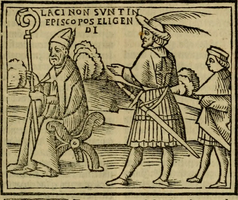 An illustration from Decretu[m] Gratiani : cu glossis dñi Joannis Theutonici prepositi Alberstatensis [et] annotationibus Bartholomei Brixiensis : [cum] diuisionibus Archidiaconi : [cum] Casibus a Bene., cõpositis per Bart. Brixi., correctis [et] pro clariore itellectu pluribus in locis extensis : [cum] concordia ad Bibliam : [cum] tabula marginalium glossularu[m] : [cum tabula] omniu canonu [et] concilio[rum] : [cum] Margarita Decreti : [cum] flosculis totius Decretia domio Joanne diacono compositis : [cum] additione in margine litteraru[m], quo minusculi characteres lineis intercepti, citius legenti appareant, 1514, leaf 278