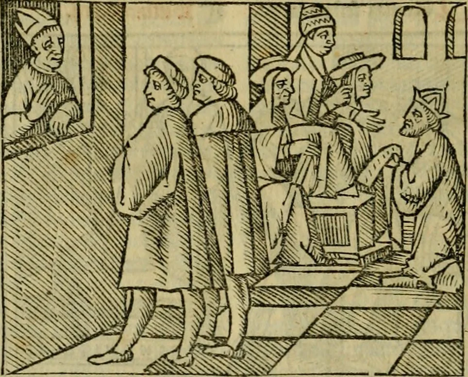 An illustration from Decretu[m] Gratiani : cu glossis dñi Joannis Theutonici prepositi Alberstatensis [et] annotationibus Bartholomei Brixiensis : [cum] diuisionibus Archidiaconi : [cum] Casibus a Bene., cõpositis per Bart. Brixi., correctis [et] pro clariore itellectu pluribus in locis extensis : [cum] concordia ad Bibliam : [cum] tabula marginalium glossularu[m] : [cum tabula] omniu canonu [et] concilio[rum] : [cum] Margarita Decreti : [cum] flosculis totius Decretia domio Joanne diacono compositis : [cum] additione in margine litteraru[m], quo minusculi characteres lineis intercepti, citius legenti appareant, 1514, leaf 285