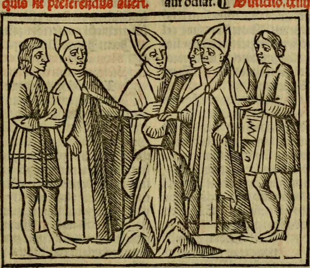 An illustration from Decretu[m] Gratiani : cu glossis dñi Joannis Theutonici prepositi Alberstatensis [et] annotationibus Bartholomei Brixiensis : [cum] diuisionibus Archidiaconi : [cum] Casibus a Bene., cõpositis per Bart. Brixi., correctis [et] pro clariore itellectu pluribus in locis extensis : [cum] concordia ad Bibliam : [cum] tabula marginalium glossularu[m] : [cum tabula] omniu canonu [et] concilio[rum] : [cum] Margarita Decreti : [cum] flosculis totius Decretia domio Joanne diacono compositis : [cum] additione in margine litteraru[m], quo minusculi characteres lineis intercepti, citius legenti appareant, 1514, leaf 298