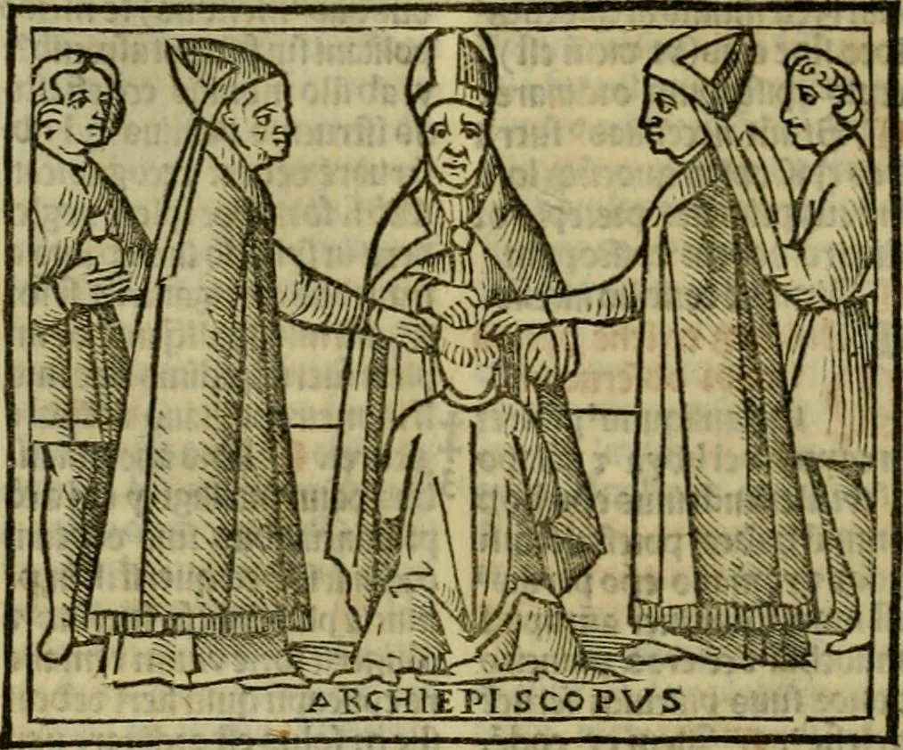 An illustration from Decretu[m] Gratiani : cu glossis dñi Joannis Theutonici prepositi Alberstatensis [et] annotationibus Bartholomei Brixiensis : [cum] diuisionibus Archidiaconi : [cum] Casibus a Bene., cõpositis per Bart. Brixi., correctis [et] pro clariore itellectu pluribus in locis extensis : [cum] concordia ad Bibliam : [cum] tabula marginalium glossularu[m] : [cum tabula] omniu canonu [et] concilio[rum] : [cum] Margarita Decreti : [cum] flosculis totius Decretia domio Joanne diacono compositis : [cum] additione in margine litteraru[m], quo minusculi characteres lineis intercepti, citius legenti appareant, 1514, leaf 303