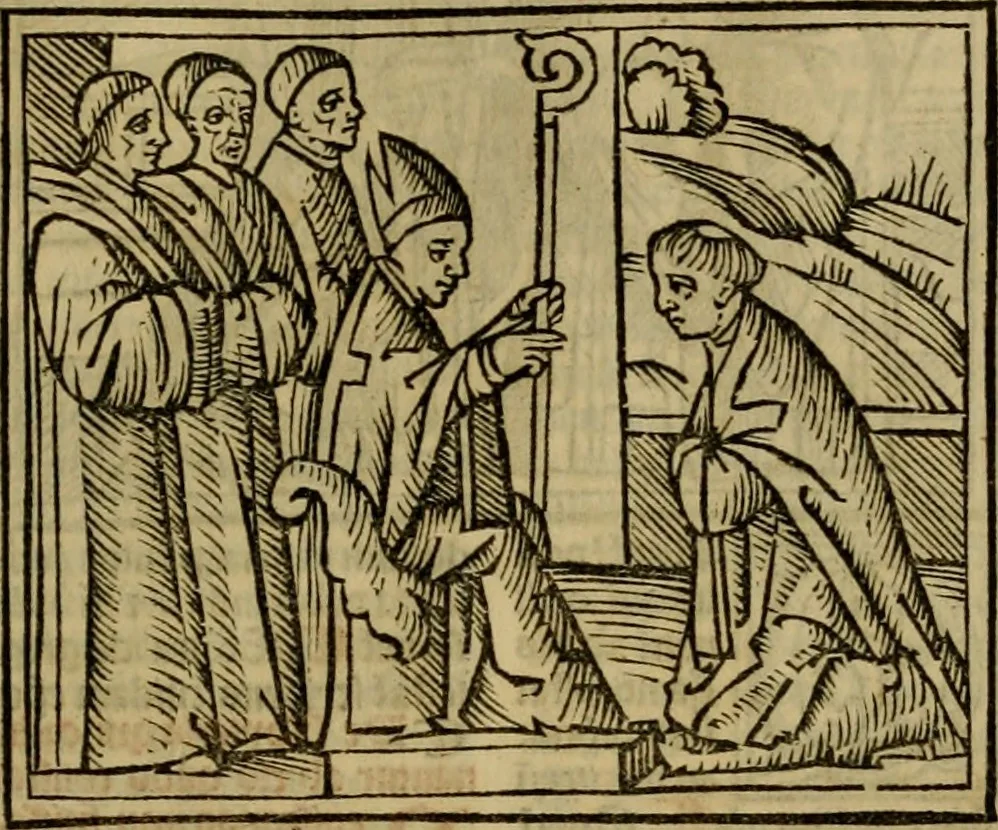 An illustration from Decretu[m] Gratiani : cu glossis dñi Joannis Theutonici prepositi Alberstatensis [et] annotationibus Bartholomei Brixiensis : [cum] diuisionibus Archidiaconi : [cum] Casibus a Bene., cõpositis per Bart. Brixi., correctis [et] pro clariore itellectu pluribus in locis extensis : [cum] concordia ad Bibliam : [cum] tabula marginalium glossularu[m] : [cum tabula] omniu canonu [et] concilio[rum] : [cum] Margarita Decreti : [cum] flosculis totius Decretia domio Joanne diacono compositis : [cum] additione in margine litteraru[m], quo minusculi characteres lineis intercepti, citius legenti appareant, 1514, leaf 304