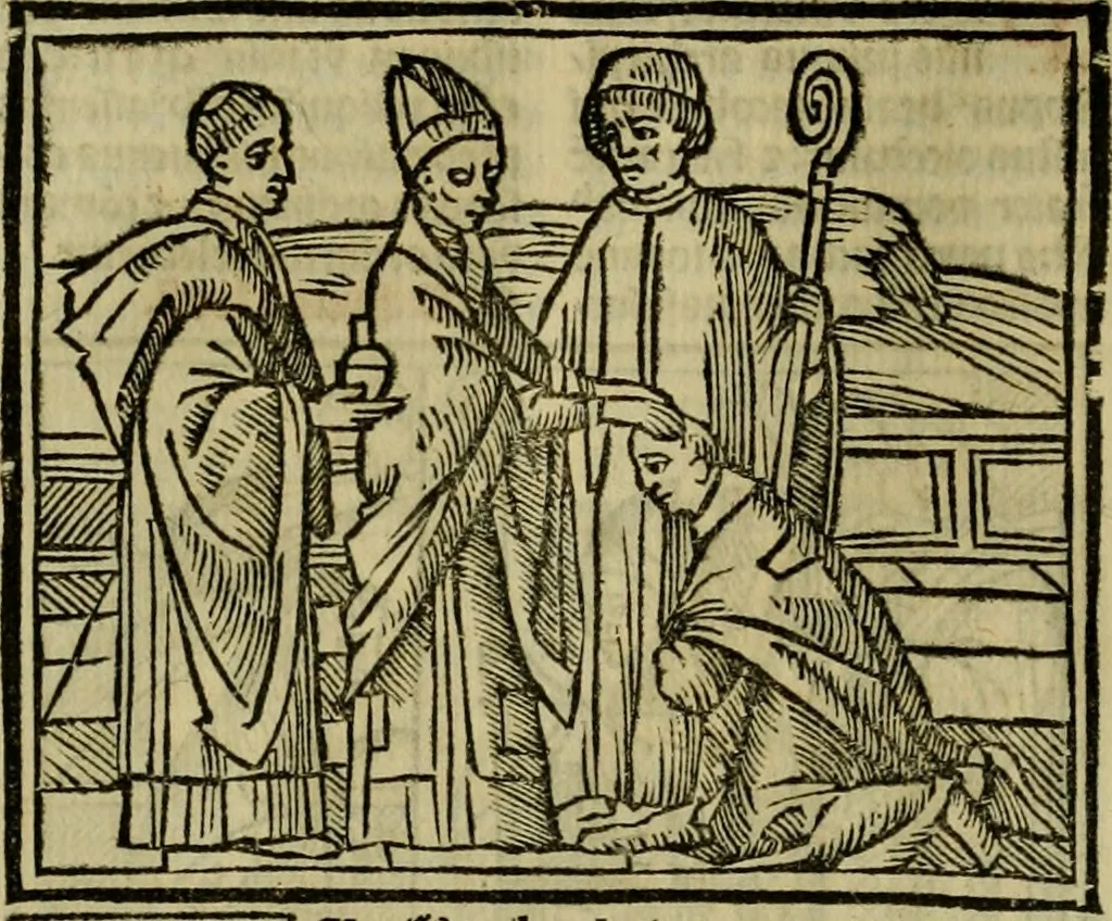 An illustration from Decretu[m] Gratiani : cu glossis dñi Joannis Theutonici prepositi Alberstatensis [et] annotationibus Bartholomei Brixiensis : [cum] diuisionibus Archidiaconi : [cum] Casibus a Bene., cõpositis per Bart. Brixi., correctis [et] pro clariore itellectu pluribus in locis extensis : [cum] concordia ad Bibliam : [cum] tabula marginalium glossularu[m] : [cum tabula] omniu canonu [et] concilio[rum] : [cum] Margarita Decreti : [cum] flosculis totius Decretia domio Joanne diacono compositis : [cum] additione in margine litteraru[m], quo minusculi characteres lineis intercepti, citius legenti appareant, 1514, leaf 305