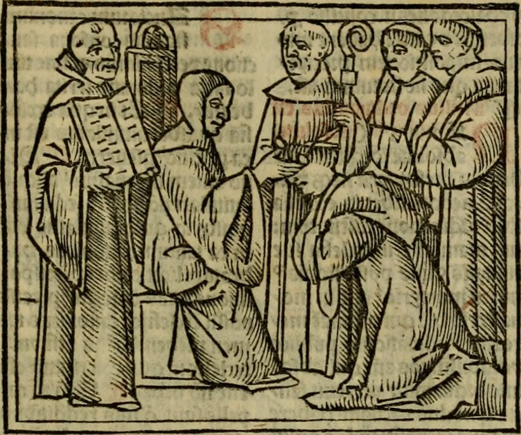 An illustration from Decretu[m] Gratiani : cu glossis dñi Joannis Theutonici prepositi Alberstatensis [et] annotationibus Bartholomei Brixiensis : [cum] diuisionibus Archidiaconi : [cum] Casibus a Bene., cõpositis per Bart. Brixi., correctis [et] pro clariore itellectu pluribus in locis extensis : [cum] concordia ad Bibliam : [cum] tabula marginalium glossularu[m] : [cum tabula] omniu canonu [et] concilio[rum] : [cum] Margarita Decreti : [cum] flosculis totius Decretia domio Joanne diacono compositis : [cum] additione in margine litteraru[m], quo minusculi characteres lineis intercepti, citius legenti appareant, 1514, leaf 308