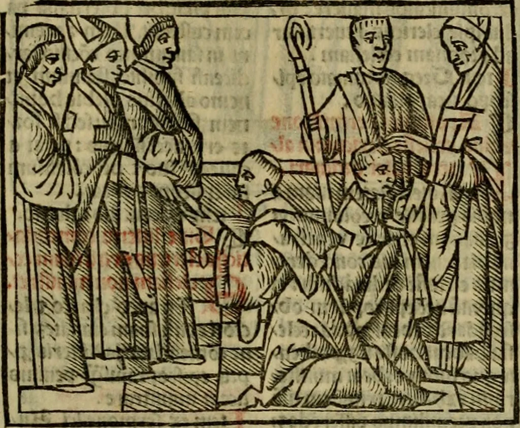 An illustration from Decretu[m] Gratiani : cu glossis dñi Joannis Theutonici prepositi Alberstatensis [et] annotationibus Bartholomei Brixiensis : [cum] diuisionibus Archidiaconi : [cum] Casibus a Bene., cõpositis per Bart. Brixi., correctis [et] pro clariore itellectu pluribus in locis extensis : [cum] concordia ad Bibliam : [cum] tabula marginalium glossularu[m] : [cum tabula] omniu canonu [et] concilio[rum] : [cum] Margarita Decreti : [cum] flosculis totius Decretia domio Joanne diacono compositis : [cum] additione in margine litteraru[m], quo minusculi characteres lineis intercepti, citius legenti appareant, 1514, leaf 310
