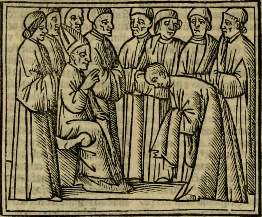An illustration from Decretu[m] Gratiani : cu glossis dñi Joannis Theutonici prepositi Alberstatensis [et] annotationibus Bartholomei Brixiensis : [cum] diuisionibus Archidiaconi : [cum] Casibus a Bene., cõpositis per Bart. Brixi., correctis [et] pro clariore itellectu pluribus in locis extensis : [cum] concordia ad Bibliam : [cum] tabula marginalium glossularu[m] : [cum tabula] omniu canonu [et] concilio[rum] : [cum] Margarita Decreti : [cum] flosculis totius Decretia domio Joanne diacono compositis : [cum] additione in margine litteraru[m], quo minusculi characteres lineis intercepti, citius legenti appareant, 1514, leaf 312