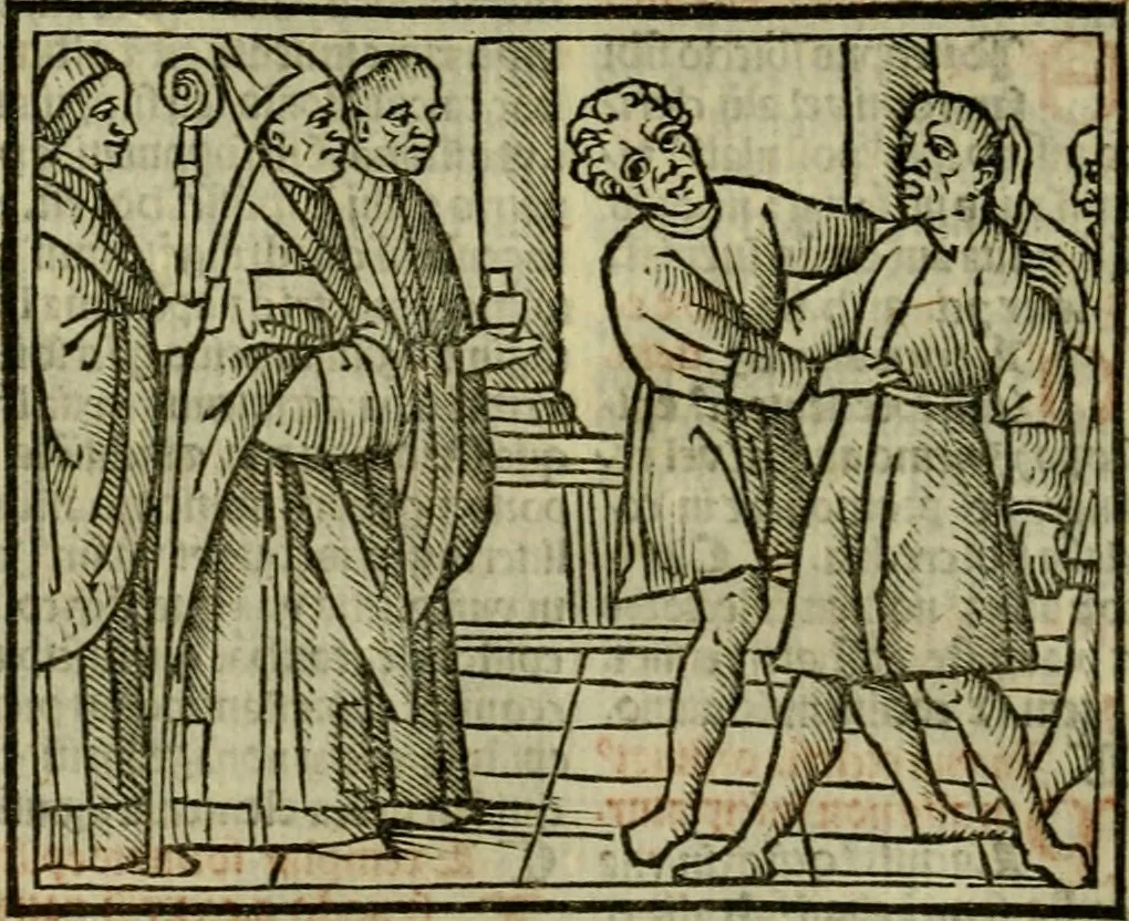 An illustration from Decretu[m] Gratiani : cu glossis dñi Joannis Theutonici prepositi Alberstatensis [et] annotationibus Bartholomei Brixiensis : [cum] diuisionibus Archidiaconi : [cum] Casibus a Bene., cõpositis per Bart. Brixi., correctis [et] pro clariore itellectu pluribus in locis extensis : [cum] concordia ad Bibliam : [cum] tabula marginalium glossularu[m] : [cum tabula] omniu canonu [et] concilio[rum] : [cum] Margarita Decreti : [cum] flosculis totius Decretia domio Joanne diacono compositis : [cum] additione in margine litteraru[m], quo minusculi characteres lineis intercepti, citius legenti appareant, 1514, leaf 313