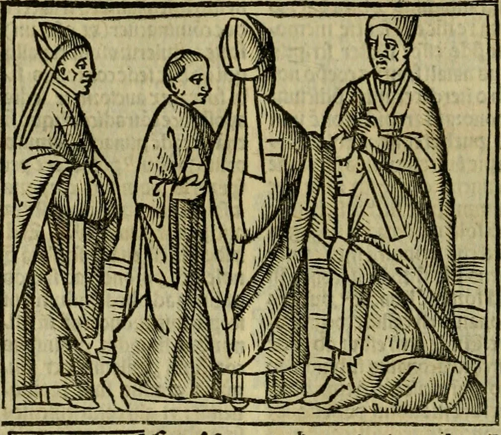 An illustration from Decretu[m] Gratiani : cu glossis dñi Joannis Theutonici prepositi Alberstatensis [et] annotationibus Bartholomei Brixiensis : [cum] diuisionibus Archidiaconi : [cum] Casibus a Bene., cõpositis per Bart. Brixi., correctis [et] pro clariore itellectu pluribus in locis extensis : [cum] concordia ad Bibliam : [cum] tabula marginalium glossularu[m] : [cum tabula] omniu canonu [et] concilio[rum] : [cum] Margarita Decreti : [cum] flosculis totius Decretia domio Joanne diacono compositis : [cum] additione in margine litteraru[m], quo minusculi characteres lineis intercepti, citius legenti appareant, 1514, leaf 317