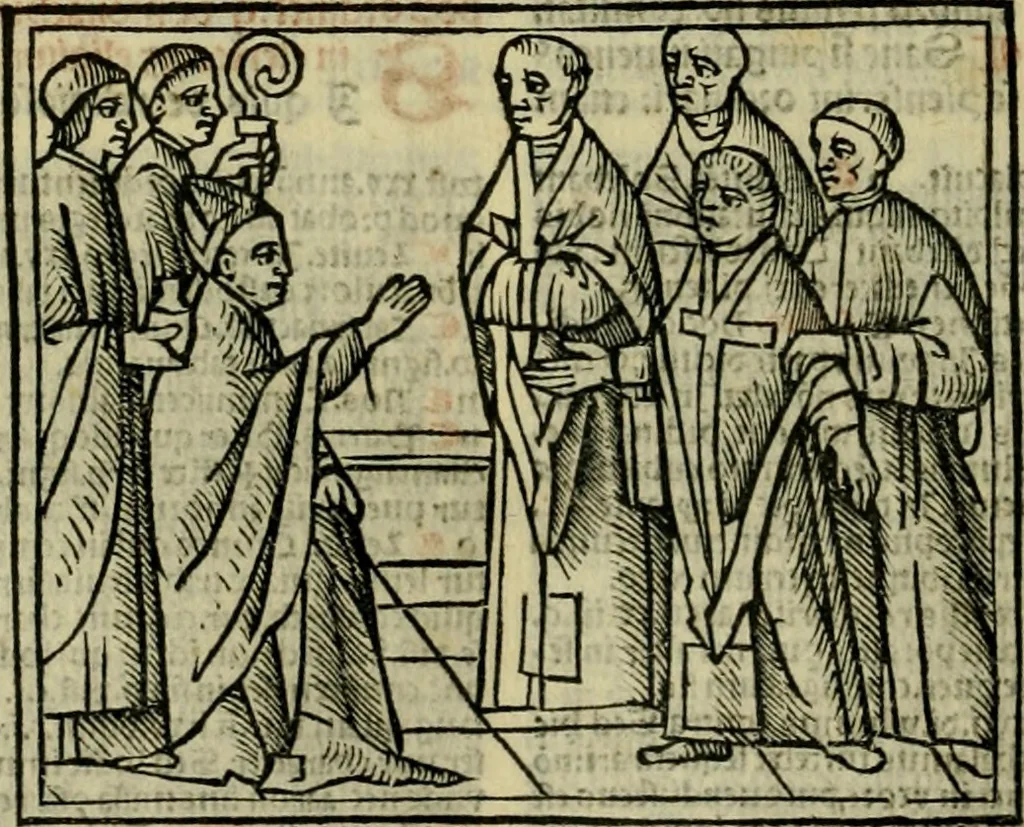 An illustration from Decretu[m] Gratiani : cu glossis dñi Joannis Theutonici prepositi Alberstatensis [et] annotationibus Bartholomei Brixiensis : [cum] diuisionibus Archidiaconi : [cum] Casibus a Bene., cõpositis per Bart. Brixi., correctis [et] pro clariore itellectu pluribus in locis extensis : [cum] concordia ad Bibliam : [cum] tabula marginalium glossularu[m] : [cum tabula] omniu canonu [et] concilio[rum] : [cum] Margarita Decreti : [cum] flosculis totius Decretia domio Joanne diacono compositis : [cum] additione in margine litteraru[m], quo minusculi characteres lineis intercepti, citius legenti appareant, 1514, leaf 327