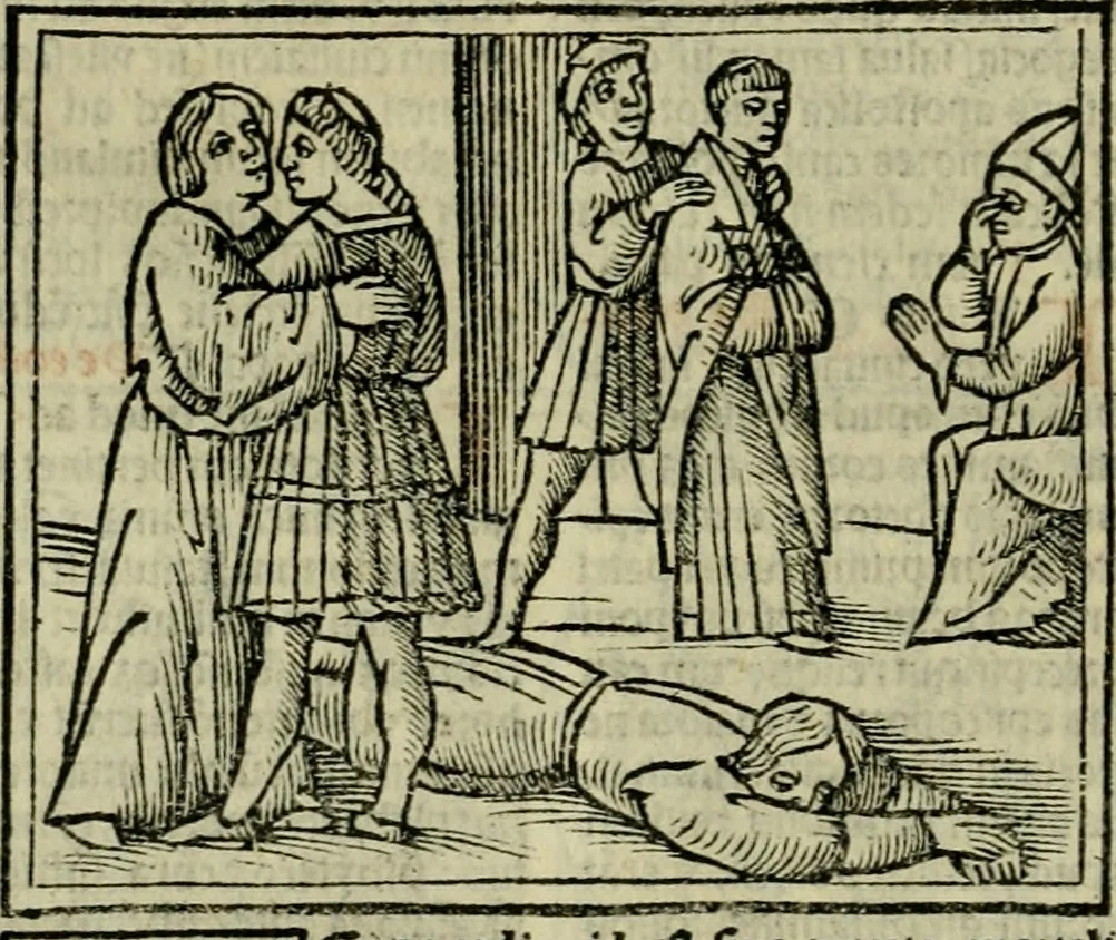 An illustration from Decretu[m] Gratiani : cu glossis dñi Joannis Theutonici prepositi Alberstatensis [et] annotationibus Bartholomei Brixiensis : [cum] diuisionibus Archidiaconi : [cum] Casibus a Bene., cõpositis per Bart. Brixi., correctis [et] pro clariore itellectu pluribus in locis extensis : [cum] concordia ad Bibliam : [cum] tabula marginalium glossularu[m] : [cum tabula] omniu canonu [et] concilio[rum] : [cum] Margarita Decreti : [cum] flosculis totius Decretia domio Joanne diacono compositis : [cum] additione in margine litteraru[m], quo minusculi characteres lineis intercepti, citius legenti appareant, 1514, leaf 333