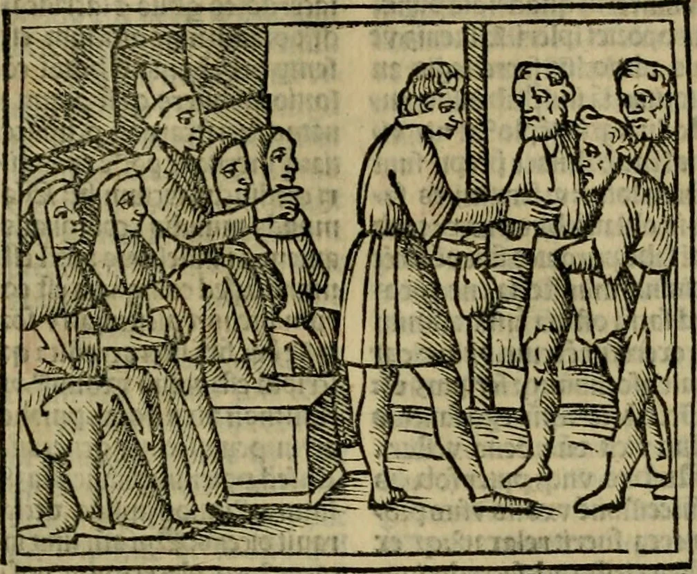 An illustration from Decretu[m] Gratiani : cu glossis dñi Joannis Theutonici prepositi Alberstatensis [et] annotationibus Bartholomei Brixiensis : [cum] diuisionibus Archidiaconi : [cum] Casibus a Bene., cõpositis per Bart. Brixi., correctis [et] pro clariore itellectu pluribus in locis extensis : [cum] concordia ad Bibliam : [cum] tabula marginalium glossularu[m] : [cum tabula] omniu canonu [et] concilio[rum] : [cum] Margarita Decreti : [cum] flosculis totius Decretia domio Joanne diacono compositis : [cum] additione in margine litteraru[m], quo minusculi characteres lineis intercepti, citius legenti appareant, 1514, leaf 340