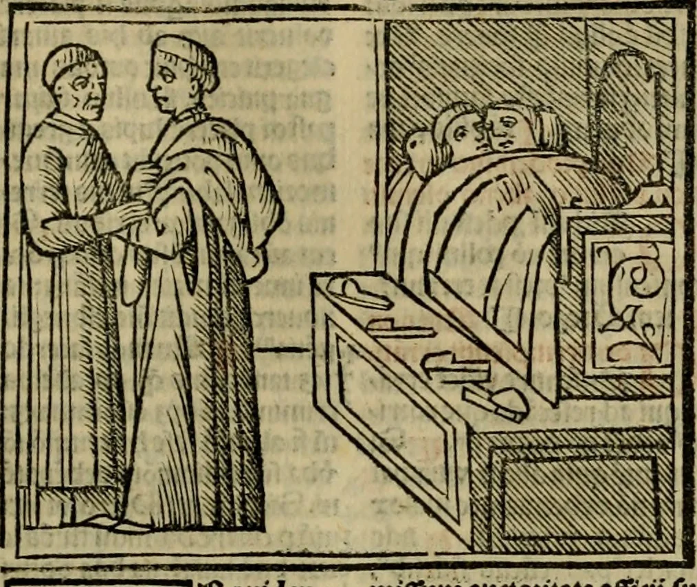 An illustration from Decretu[m] Gratiani : cu glossis dñi Joannis Theutonici prepositi Alberstatensis [et] annotationibus Bartholomei Brixiensis : [cum] diuisionibus Archidiaconi : [cum] Casibus a Bene., cõpositis per Bart. Brixi., correctis [et] pro clariore itellectu pluribus in locis extensis : [cum] concordia ad Bibliam : [cum] tabula marginalium glossularu[m] : [cum tabula] omniu canonu [et] concilio[rum] : [cum] Margarita Decreti : [cum] flosculis totius Decretia domio Joanne diacono compositis : [cum] additione in margine litteraru[m], quo minusculi characteres lineis intercepti, citius legenti appareant, 1514, leaf 344