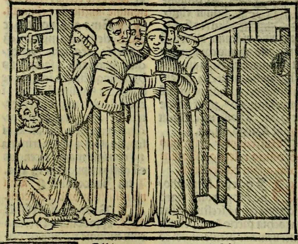 An illustration from Decretu[m] Gratiani : cu glossis dñi Joannis Theutonici prepositi Alberstatensis [et] annotationibus Bartholomei Brixiensis : [cum] diuisionibus Archidiaconi : [cum] Casibus a Bene., cõpositis per Bart. Brixi., correctis [et] pro clariore itellectu pluribus in locis extensis : [cum] concordia ad Bibliam : [cum] tabula marginalium glossularu[m] : [cum tabula] omniu canonu [et] concilio[rum] : [cum] Margarita Decreti : [cum] flosculis totius Decretia domio Joanne diacono compositis : [cum] additione in margine litteraru[m], quo minusculi characteres lineis intercepti, citius legenti appareant, 1514, leaf 345