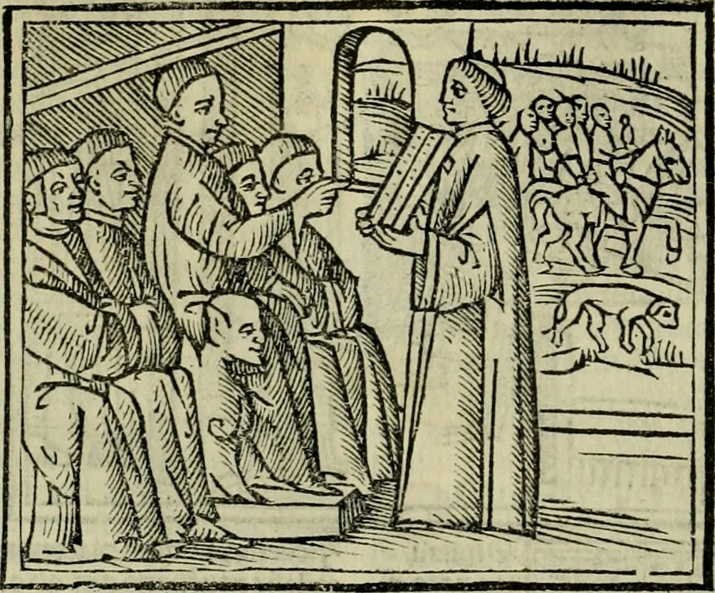 An illustration from Decretu[m] Gratiani : cu glossis dñi Joannis Theutonici prepositi Alberstatensis [et] annotationibus Bartholomei Brixiensis : [cum] diuisionibus Archidiaconi : [cum] Casibus a Bene., cõpositis per Bart. Brixi., correctis [et] pro clariore itellectu pluribus in locis extensis : [cum] concordia ad Bibliam : [cum] tabula marginalium glossularu[m] : [cum tabula] omniu canonu [et] concilio[rum] : [cum] Margarita Decreti : [cum] flosculis totius Decretia domio Joanne diacono compositis : [cum] additione in margine litteraru[m], quo minusculi characteres lineis intercepti, citius legenti appareant, 1514, leaf 349