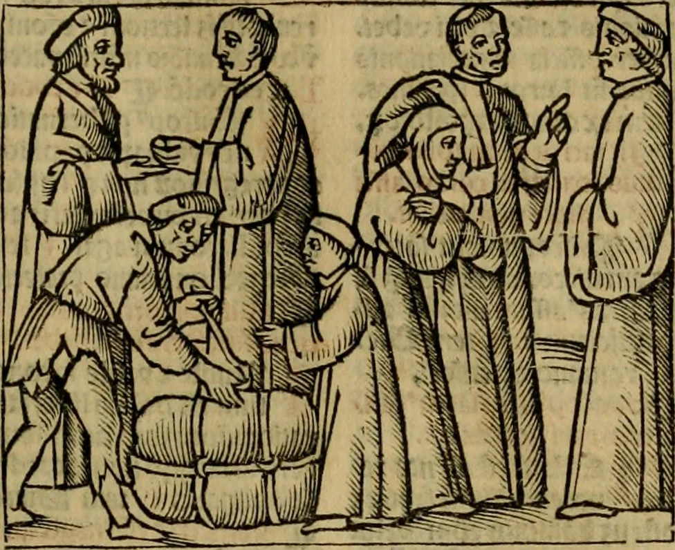 An illustration from Decretu[m] Gratiani : cu glossis dñi Joannis Theutonici prepositi Alberstatensis [et] annotationibus Bartholomei Brixiensis : [cum] diuisionibus Archidiaconi : [cum] Casibus a Bene., cõpositis per Bart. Brixi., correctis [et] pro clariore itellectu pluribus in locis extensis : [cum] concordia ad Bibliam : [cum] tabula marginalium glossularu[m] : [cum tabula] omniu canonu [et] concilio[rum] : [cum] Margarita Decreti : [cum] flosculis totius Decretia domio Joanne diacono compositis : [cum] additione in margine litteraru[m], quo minusculi characteres lineis intercepti, citius legenti appareant, 1514, leaf 358