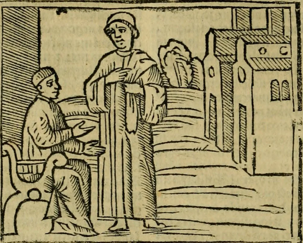 An illustration from Decretu[m] Gratiani : cu glossis dñi Joannis Theutonici prepositi Alberstatensis [et] annotationibus Bartholomei Brixiensis : [cum] diuisionibus Archidiaconi : [cum] Casibus a Bene., cõpositis per Bart. Brixi., correctis [et] pro clariore itellectu pluribus in locis extensis : [cum] concordia ad Bibliam : [cum] tabula marginalium glossularu[m] : [cum tabula] omniu canonu [et] concilio[rum] : [cum] Margarita Decreti : [cum] flosculis totius Decretia domio Joanne diacono compositis : [cum] additione in margine litteraru[m], quo minusculi characteres lineis intercepti, citius legenti appareant, 1514, leaf 361