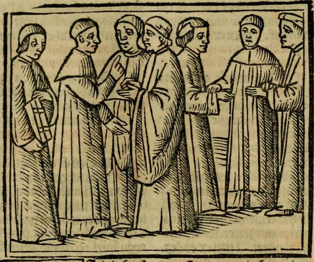 An illustration from Decretu[m] Gratiani : cu glossis dñi Joannis Theutonici prepositi Alberstatensis [et] annotationibus Bartholomei Brixiensis : [cum] diuisionibus Archidiaconi : [cum] Casibus a Bene., cõpositis per Bart. Brixi., correctis [et] pro clariore itellectu pluribus in locis extensis : [cum] concordia ad Bibliam : [cum] tabula marginalium glossularu[m] : [cum tabula] omniu canonu [et] concilio[rum] : [cum] Margarita Decreti : [cum] flosculis totius Decretia domio Joanne diacono compositis : [cum] additione in margine litteraru[m], quo minusculi characteres lineis intercepti, citius legenti appareant, 1514, leaf 364