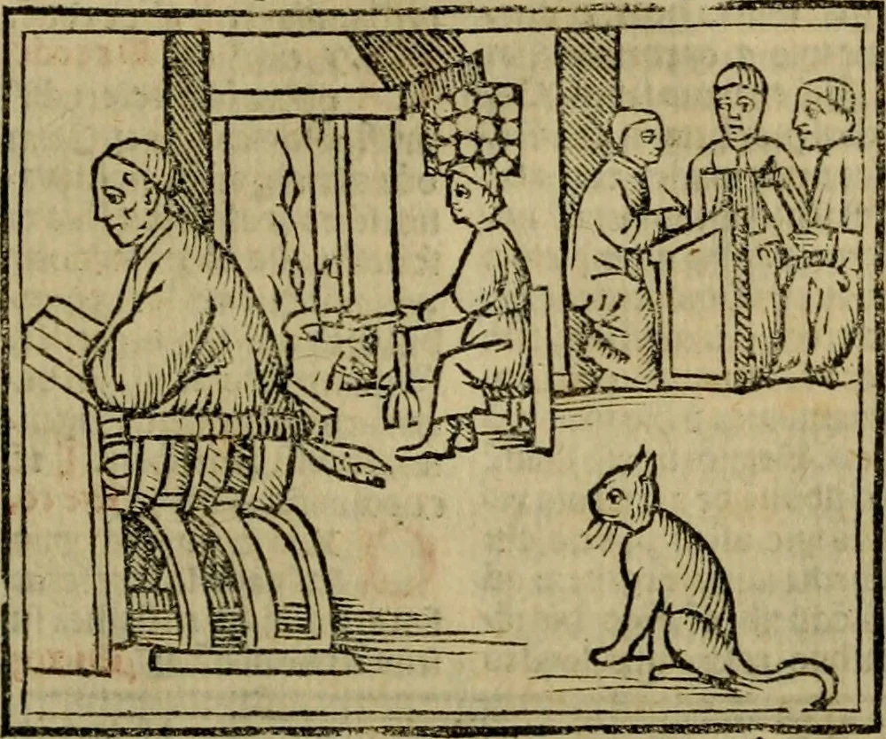 An illustration from Decretu[m] Gratiani : cu glossis dñi Joannis Theutonici prepositi Alberstatensis [et] annotationibus Bartholomei Brixiensis : [cum] diuisionibus Archidiaconi : [cum] Casibus a Bene., cõpositis per Bart. Brixi., correctis [et] pro clariore itellectu pluribus in locis extensis : [cum] concordia ad Bibliam : [cum] tabula marginalium glossularu[m] : [cum tabula] omniu canonu [et] concilio[rum] : [cum] Margarita Decreti : [cum] flosculis totius Decretia domio Joanne diacono compositis : [cum] additione in margine litteraru[m], quo minusculi characteres lineis intercepti, citius legenti appareant, 1514, leaf 366