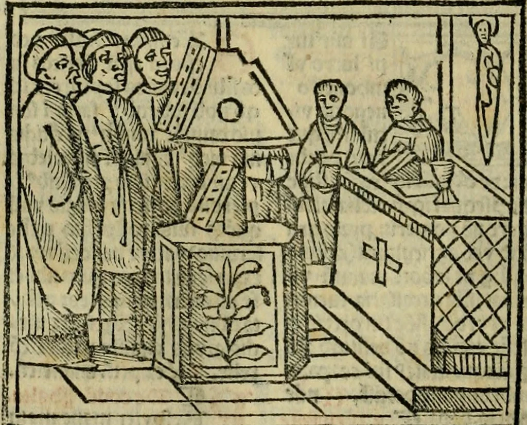 An illustration from Decretu[m] Gratiani : cu glossis dñi Joannis Theutonici prepositi Alberstatensis [et] annotationibus Bartholomei Brixiensis : [cum] diuisionibus Archidiaconi : [cum] Casibus a Bene., cõpositis per Bart. Brixi., correctis [et] pro clariore itellectu pluribus in locis extensis : [cum] concordia ad Bibliam : [cum] tabula marginalium glossularu[m] : [cum tabula] omniu canonu [et] concilio[rum] : [cum] Margarita Decreti : [cum] flosculis totius Decretia domio Joanne diacono compositis : [cum] additione in margine litteraru[m], quo minusculi characteres lineis intercepti, citius legenti appareant, 1514, leaf 367