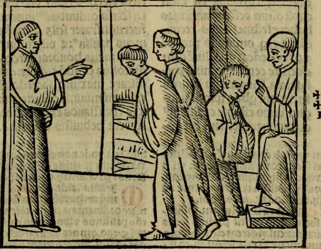 An illustration from Decretu[m] Gratiani : cu glossis dñi Joannis Theutonici prepositi Alberstatensis [et] annotationibus Bartholomei Brixiensis : [cum] diuisionibus Archidiaconi : [cum] Casibus a Bene., cõpositis per Bart. Brixi., correctis [et] pro clariore itellectu pluribus in locis extensis : [cum] concordia ad Bibliam : [cum] tabula marginalium glossularu[m] : [cum tabula] omniu canonu [et] concilio[rum] : [cum] Margarita Decreti : [cum] flosculis totius Decretia domio Joanne diacono compositis : [cum] additione in margine litteraru[m], quo minusculi characteres lineis intercepti, citius legenti appareant, 1514, leaf 370