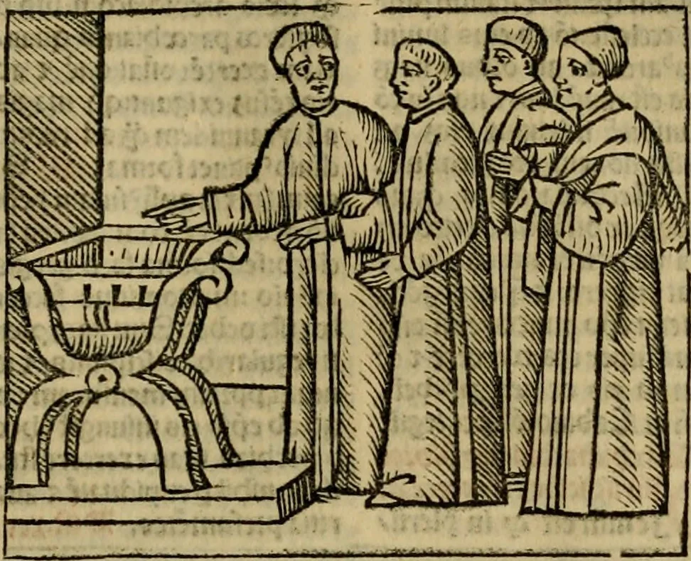 An illustration from Decretu[m] Gratiani : cu glossis dñi Joannis Theutonici prepositi Alberstatensis [et] annotationibus Bartholomei Brixiensis : [cum] diuisionibus Archidiaconi : [cum] Casibus a Bene., cõpositis per Bart. Brixi., correctis [et] pro clariore itellectu pluribus in locis extensis : [cum] concordia ad Bibliam : [cum] tabula marginalium glossularu[m] : [cum tabula] omniu canonu [et] concilio[rum] : [cum] Margarita Decreti : [cum] flosculis totius Decretia domio Joanne diacono compositis : [cum] additione in margine litteraru[m], quo minusculi characteres lineis intercepti, citius legenti appareant, 1514, leaf 380