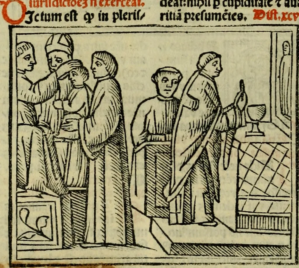 An illustration from Decretu[m] Gratiani : cu glossis dñi Joannis Theutonici prepositi Alberstatensis [et] annotationibus Bartholomei Brixiensis : [cum] diuisionibus Archidiaconi : [cum] Casibus a Bene., cõpositis per Bart. Brixi., correctis [et] pro clariore itellectu pluribus in locis extensis : [cum] concordia ad Bibliam : [cum] tabula marginalium glossularu[m] : [cum tabula] omniu canonu [et] concilio[rum] : [cum] Margarita Decreti : [cum] flosculis totius Decretia domio Joanne diacono compositis : [cum] additione in margine litteraru[m], quo minusculi characteres lineis intercepti, citius legenti appareant, 1514, leaf 381