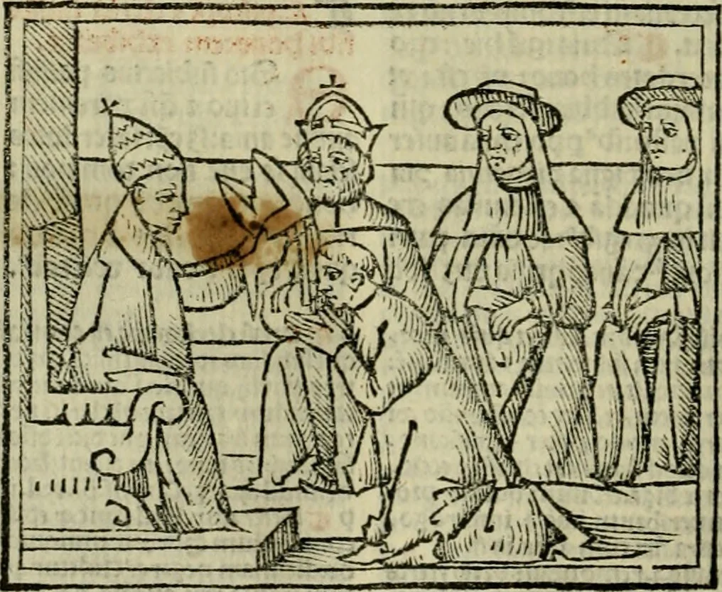 An illustration from Decretu[m] Gratiani : cu glossis dñi Joannis Theutonici prepositi Alberstatensis [et] annotationibus Bartholomei Brixiensis : [cum] diuisionibus Archidiaconi : [cum] Casibus a Bene., cõpositis per Bart. Brixi., correctis [et] pro clariore itellectu pluribus in locis extensis : [cum] concordia ad Bibliam : [cum] tabula marginalium glossularu[m] : [cum tabula] omniu canonu [et] concilio[rum] : [cum] Margarita Decreti : [cum] flosculis totius Decretia domio Joanne diacono compositis : [cum] additione in margine litteraru[m], quo minusculi characteres lineis intercepti, citius legenti appareant, 1514, leaf 385