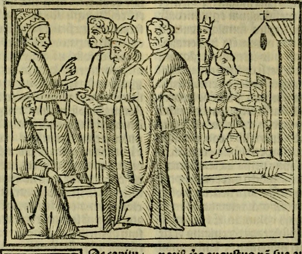 An illustration from Decretu[m] Gratiani : cu glossis dñi Joannis Theutonici prepositi Alberstatensis [et] annotationibus Bartholomei Brixiensis : [cum] diuisionibus Archidiaconi : [cum] Casibus a Bene., cõpositis per Bart. Brixi., correctis [et] pro clariore itellectu pluribus in locis extensis : [cum] concordia ad Bibliam : [cum] tabula marginalium glossularu[m] : [cum tabula] omniu canonu [et] concilio[rum] : [cum] Margarita Decreti : [cum] flosculis totius Decretia domio Joanne diacono compositis : [cum] additione in margine litteraru[m], quo minusculi characteres lineis intercepti, citius legenti appareant, 1514, leaf 393