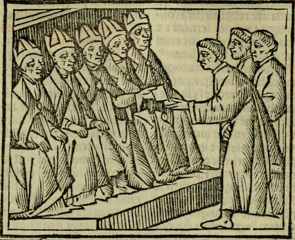 An illustration from Decretu[m] Gratiani : cu glossis dñi Joannis Theutonici prepositi Alberstatensis [et] annotationibus Bartholomei Brixiensis : [cum] diuisionibus Archidiaconi : [cum] Casibus a Bene., cõpositis per Bart. Brixi., correctis [et] pro clariore itellectu pluribus in locis extensis : [cum] concordia ad Bibliam : [cum] tabula marginalium glossularu[m] : [cum tabula] omniu canonu [et] concilio[rum] : [cum] Margarita Decreti : [cum] flosculis totius Decretia domio Joanne diacono compositis : [cum] additione in margine litteraru[m], quo minusculi characteres lineis intercepti, citius legenti appareant, 1514, leaf 395