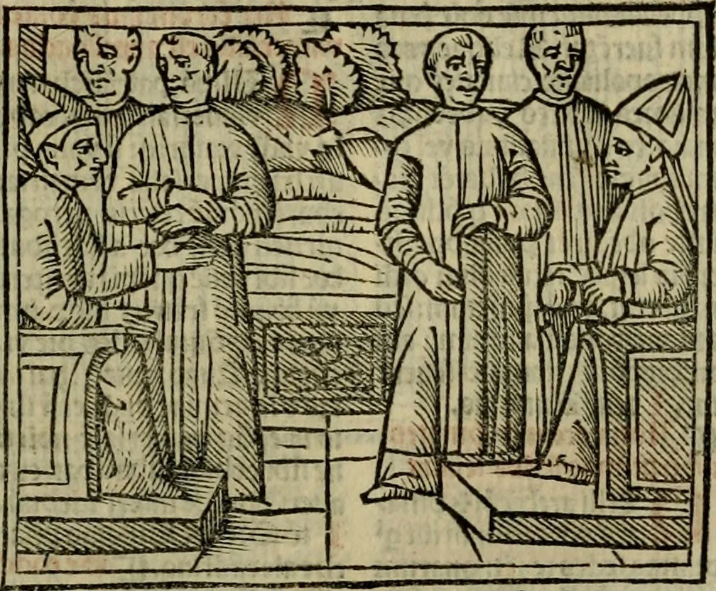 An illustration from Decretu[m] Gratiani : cu glossis dñi Joannis Theutonici prepositi Alberstatensis [et] annotationibus Bartholomei Brixiensis : [cum] diuisionibus Archidiaconi : [cum] Casibus a Bene., cõpositis per Bart. Brixi., correctis [et] pro clariore itellectu pluribus in locis extensis : [cum] concordia ad Bibliam : [cum] tabula marginalium glossularu[m] : [cum tabula] omniu canonu [et] concilio[rum] : [cum] Margarita Decreti : [cum] flosculis totius Decretia domio Joanne diacono compositis : [cum] additione in margine litteraru[m], quo minusculi characteres lineis intercepti, citius legenti appareant, 1514, leaf 396
