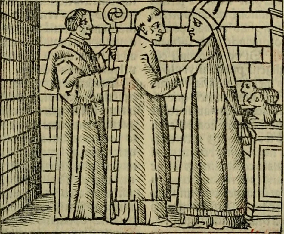 An illustration from Decretu[m] Gratiani : cu glossis dñi Joannis Theutonici prepositi Alberstatensis [et] annotationibus Bartholomei Brixiensis : [cum] diuisionibus Archidiaconi : [cum] Casibus a Bene., cõpositis per Bart. Brixi., correctis [et] pro clariore itellectu pluribus in locis extensis : [cum] concordia ad Bibliam : [cum] tabula marginalium glossularu[m] : [cum tabula] omniu canonu [et] concilio[rum] : [cum] Margarita Decreti : [cum] flosculis totius Decretia domio Joanne diacono compositis : [cum] additione in margine litteraru[m], quo minusculi characteres lineis intercepti, citius legenti appareant, 1514, leaf 398