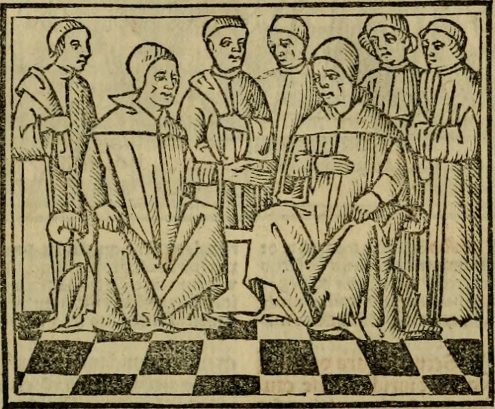 An illustration from Decretu[m] Gratiani : cu glossis dñi Joannis Theutonici prepositi Alberstatensis [et] annotationibus Bartholomei Brixiensis : [cum] diuisionibus Archidiaconi : [cum] Casibus a Bene., cõpositis per Bart. Brixi., correctis [et] pro clariore itellectu pluribus in locis extensis : [cum] concordia ad Bibliam : [cum] tabula marginalium glossularu[m] : [cum tabula] omniu canonu [et] concilio[rum] : [cum] Margarita Decreti : [cum] flosculis totius Decretia domio Joanne diacono compositis : [cum] additione in margine litteraru[m], quo minusculi characteres lineis intercepti, citius legenti appareant, 1514, leaf 402