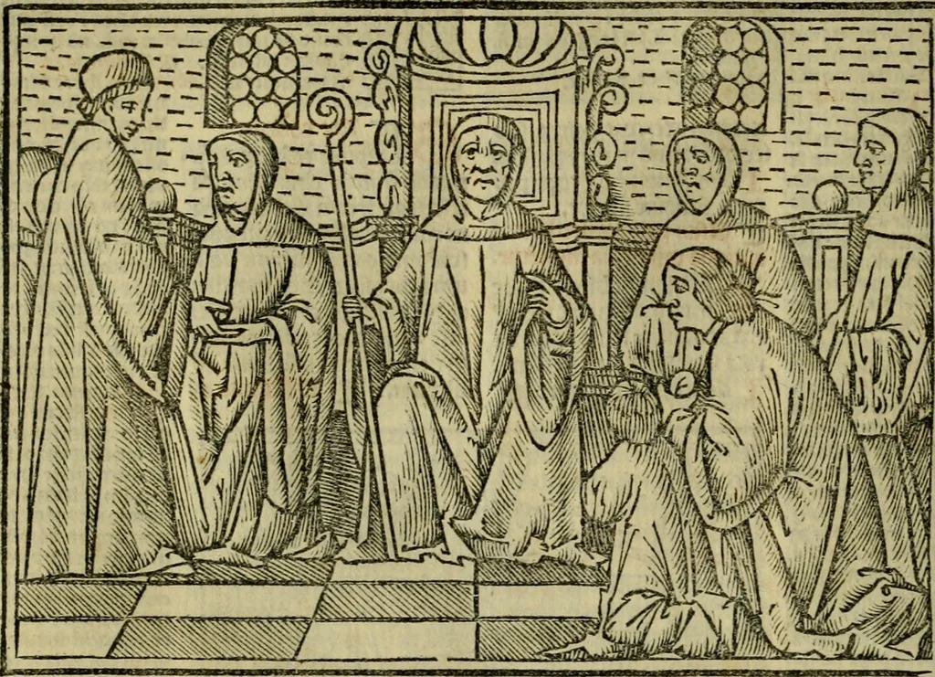 An illustration from Decretu[m] Gratiani : cu glossis dñi Joannis Theutonici prepositi Alberstatensis [et] annotationibus Bartholomei Brixiensis : [cum] diuisionibus Archidiaconi : [cum] Casibus a Bene., cõpositis per Bart. Brixi., correctis [et] pro clariore itellectu pluribus in locis extensis : [cum] concordia ad Bibliam : [cum] tabula marginalium glossularu[m] : [cum tabula] omniu canonu [et] concilio[rum] : [cum] Margarita Decreti : [cum] flosculis totius Decretia domio Joanne diacono compositis : [cum] additione in margine litteraru[m], quo minusculi characteres lineis intercepti, citius legenti appareant, 1514, leaf 403