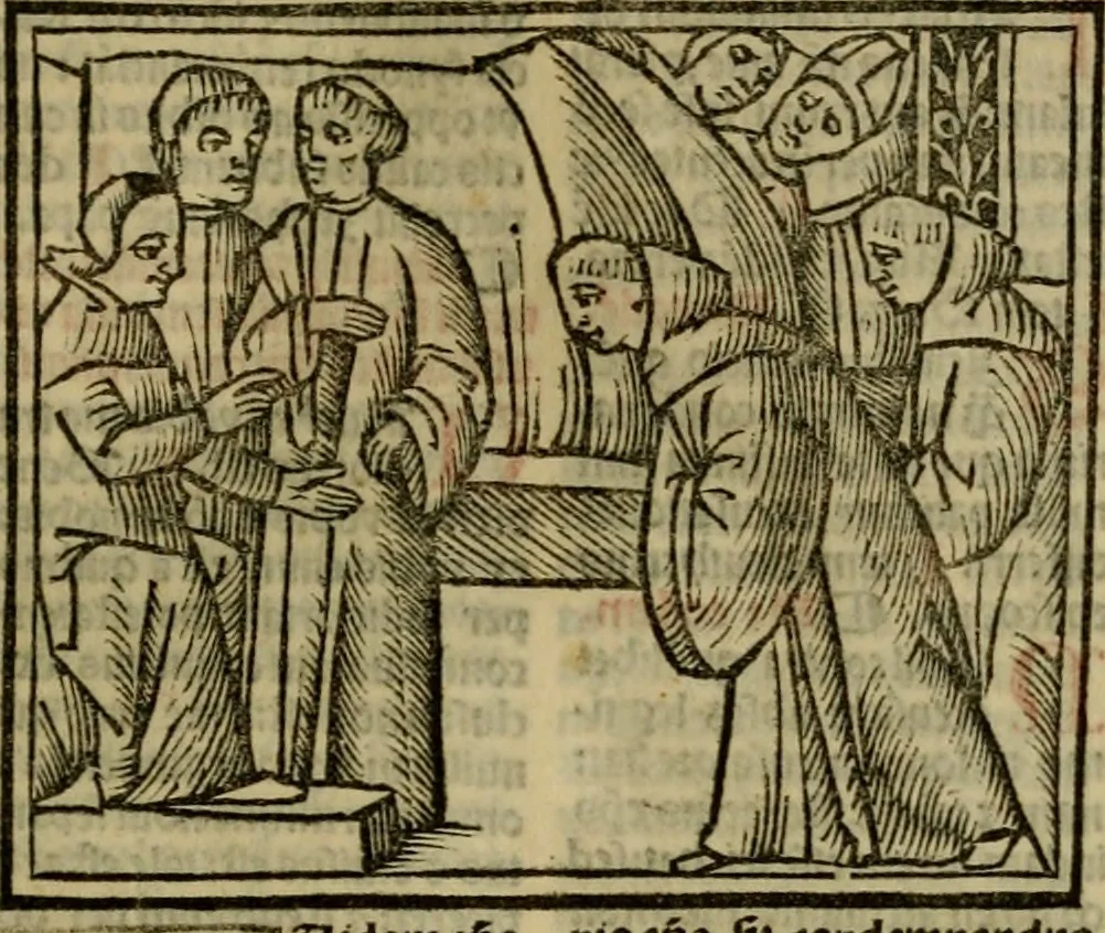An illustration from Decretu[m] Gratiani : cu glossis dñi Joannis Theutonici prepositi Alberstatensis [et] annotationibus Bartholomei Brixiensis : [cum] diuisionibus Archidiaconi : [cum] Casibus a Bene., cõpositis per Bart. Brixi., correctis [et] pro clariore itellectu pluribus in locis extensis : [cum] concordia ad Bibliam : [cum] tabula marginalium glossularu[m] : [cum tabula] omniu canonu [et] concilio[rum] : [cum] Margarita Decreti : [cum] flosculis totius Decretia domio Joanne diacono compositis : [cum] additione in margine litteraru[m], quo minusculi characteres lineis intercepti, citius legenti appareant, 1514, leaf 480