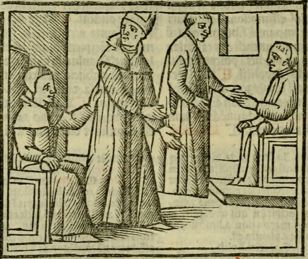 An illustration from Decretu[m] Gratiani : cu glossis dñi Joannis Theutonici prepositi Alberstatensis [et] annotationibus Bartholomei Brixiensis : [cum] diuisionibus Archidiaconi : [cum] Casibus a Bene., cõpositis per Bart. Brixi., correctis [et] pro clariore itellectu pluribus in locis extensis : [cum] concordia ad Bibliam : [cum] tabula marginalium glossularu[m] : [cum tabula] omniu canonu [et] concilio[rum] : [cum] Margarita Decreti : [cum] flosculis totius Decretia domio Joanne diacono compositis : [cum] additione in margine litteraru[m], quo minusculi characteres lineis intercepti, citius legenti appareant, 1514, leaf 545