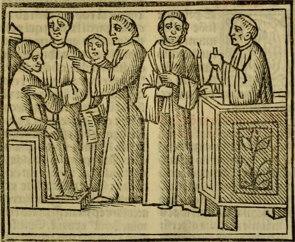 An illustration from Decretu[m] Gratiani : cu glossis dñi Joannis Theutonici prepositi Alberstatensis [et] annotationibus Bartholomei Brixiensis : [cum] diuisionibus Archidiaconi : [cum] Casibus a Bene., cõpositis per Bart. Brixi., correctis [et] pro clariore itellectu pluribus in locis extensis : [cum] concordia ad Bibliam : [cum] tabula marginalium glossularu[m] : [cum tabula] omniu canonu [et] concilio[rum] : [cum] Margarita Decreti : [cum] flosculis totius Decretia domio Joanne diacono compositis : [cum] additione in margine litteraru[m], quo minusculi characteres lineis intercepti, citius legenti appareant, 1514, leaf 578