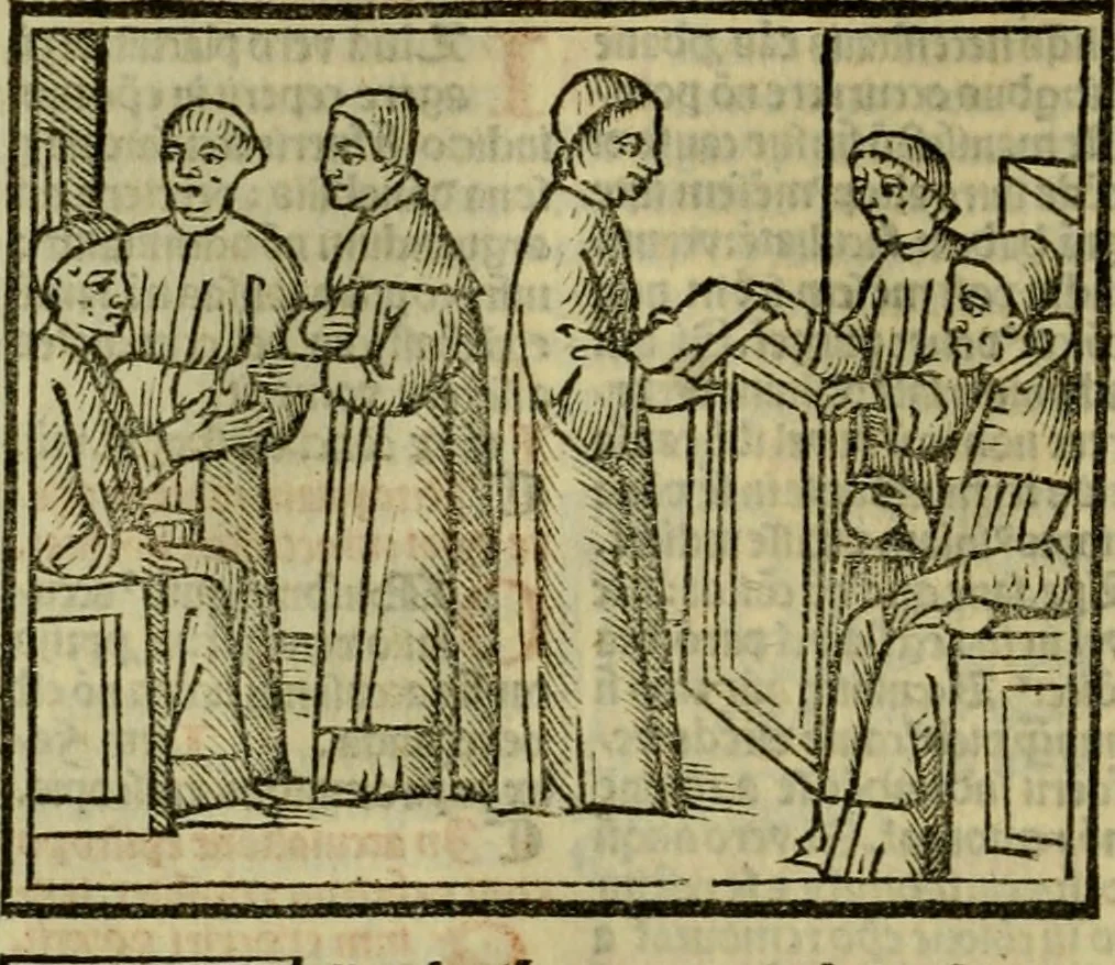 An illustration from Decretu[m] Gratiani : cu glossis dñi Joannis Theutonici prepositi Alberstatensis [et] annotationibus Bartholomei Brixiensis : [cum] diuisionibus Archidiaconi : [cum] Casibus a Bene., cõpositis per Bart. Brixi., correctis [et] pro clariore itellectu pluribus in locis extensis : [cum] concordia ad Bibliam : [cum] tabula marginalium glossularu[m] : [cum tabula] omniu canonu [et] concilio[rum] : [cum] Margarita Decreti : [cum] flosculis totius Decretia domio Joanne diacono compositis : [cum] additione in margine litteraru[m], quo minusculi characteres lineis intercepti, citius legenti appareant, 1514, leaf 589