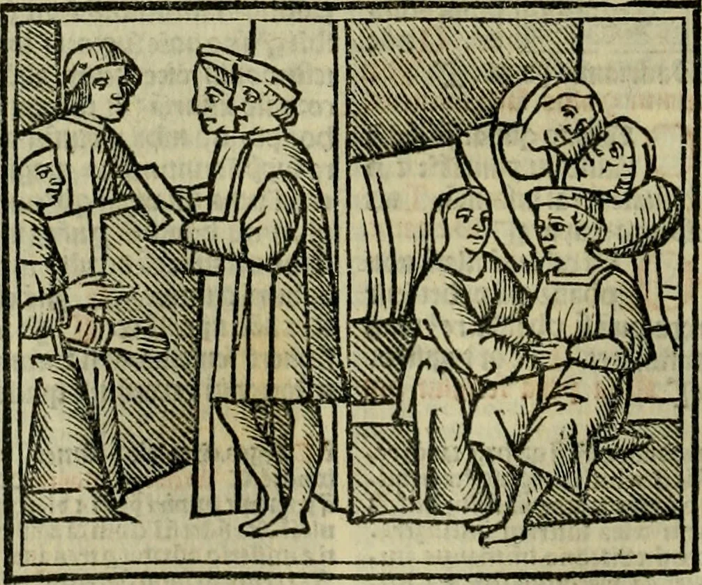 An illustration from Decretu[m] Gratiani : cu glossis dñi Joannis Theutonici prepositi Alberstatensis [et] annotationibus Bartholomei Brixiensis : [cum] diuisionibus Archidiaconi : [cum] Casibus a Bene., cõpositis per Bart. Brixi., correctis [et] pro clariore itellectu pluribus in locis extensis : [cum] concordia ad Bibliam : [cum] tabula marginalium glossularu[m] : [cum tabula] omniu canonu [et] concilio[rum] : [cum] Margarita Decreti : [cum] flosculis totius Decretia domio Joanne diacono compositis : [cum] additione in margine litteraru[m], quo minusculi characteres lineis intercepti, citius legenti appareant, 1514, leaf 597