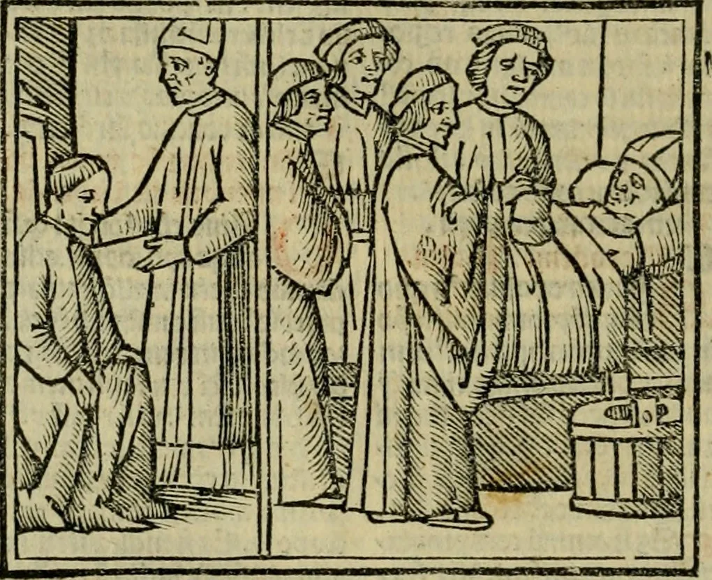 An illustration from Decretu[m] Gratiani : cu glossis dñi Joannis Theutonici prepositi Alberstatensis [et] annotationibus Bartholomei Brixiensis : [cum] diuisionibus Archidiaconi : [cum] Casibus a Bene., cõpositis per Bart. Brixi., correctis [et] pro clariore itellectu pluribus in locis extensis : [cum] concordia ad Bibliam : [cum] tabula marginalium glossularu[m] : [cum tabula] omniu canonu [et] concilio[rum] : [cum] Margarita Decreti : [cum] flosculis totius Decretia domio Joanne diacono compositis : [cum] additione in margine litteraru[m], quo minusculi characteres lineis intercepti, citius legenti appareant, 1514, leaf 609