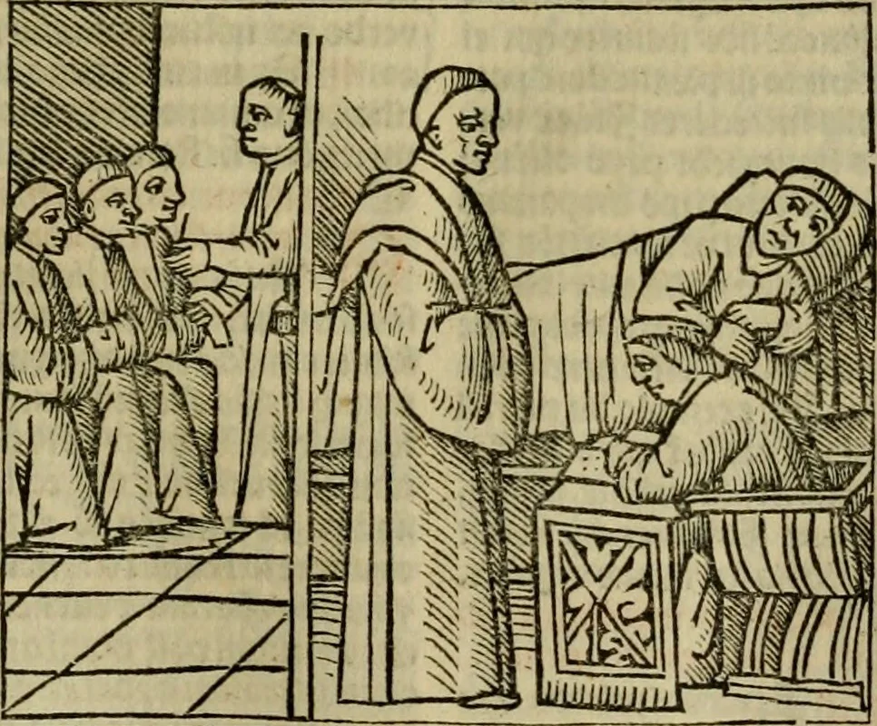 An illustration from Decretu[m] Gratiani : cu glossis dñi Joannis Theutonici prepositi Alberstatensis [et] annotationibus Bartholomei Brixiensis : [cum] diuisionibus Archidiaconi : [cum] Casibus a Bene., cõpositis per Bart. Brixi., correctis [et] pro clariore itellectu pluribus in locis extensis : [cum] concordia ad Bibliam : [cum] tabula marginalium glossularu[m] : [cum tabula] omniu canonu [et] concilio[rum] : [cum] Margarita Decreti : [cum] flosculis totius Decretia domio Joanne diacono compositis : [cum] additione in margine litteraru[m], quo minusculi characteres lineis intercepti, citius legenti appareant, 1514, leaf 630